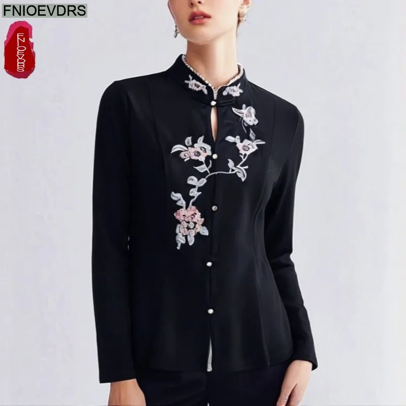 

Retro Embroidery Tops Blouse New Year Fashion Woman French Design Office Lady Basics Wear Vintage Elegant Black Bling Beaded Top