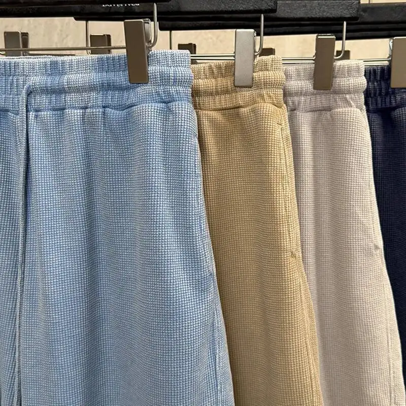 Shorts Men's Casual Washed Distressed Old Money Style Loose Breathable Waffle Texture Drawstring Waist Baggy Summer PLWL