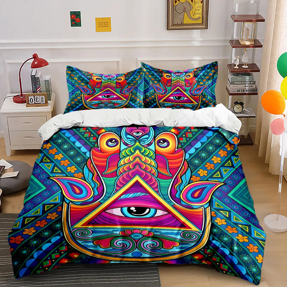3-teiliges Regenbogen-Hamsa-Hand-Mandala-Bettwäsche-Set, Boho-Ethno-Augenmuster-Bettbezug mit 2 Kissenbezügen für Einzel-, Doppel-, King- und Queen-Size-Betten, Geschenk