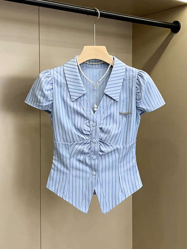 

plus Size Women's Shirt Folded Design Slimming Summer New Style Korean Version Bubble Sleeve Regular Length Casual Top