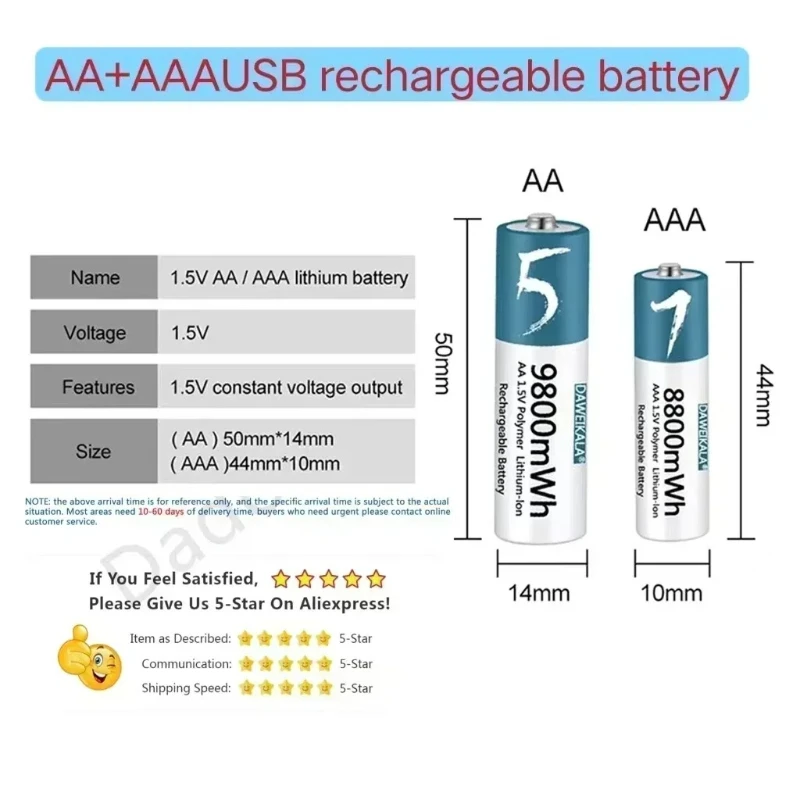 Daweikala Rechargeable lithium ion polymer AA1.5v/AAA1.5v 9800mAh 8800mAh battery, remote cont, mouse, small fan, electric toy