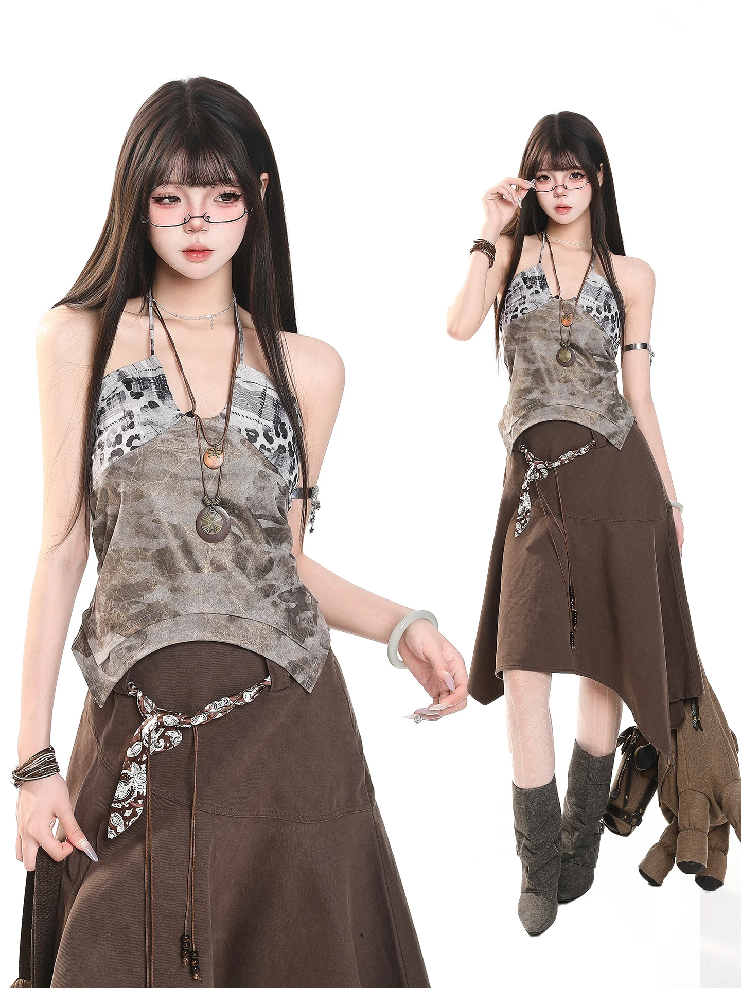 

Американский модный женский летний облегающий сексуальный красивый топ-халтер с камуфляжными вставками и лямками на шее