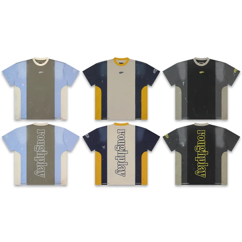 American Retro Trend Splicing Men Women Rough Play Tops High Quality Distressed Ink Splashed Fashionable Short Sleeved T-shirts