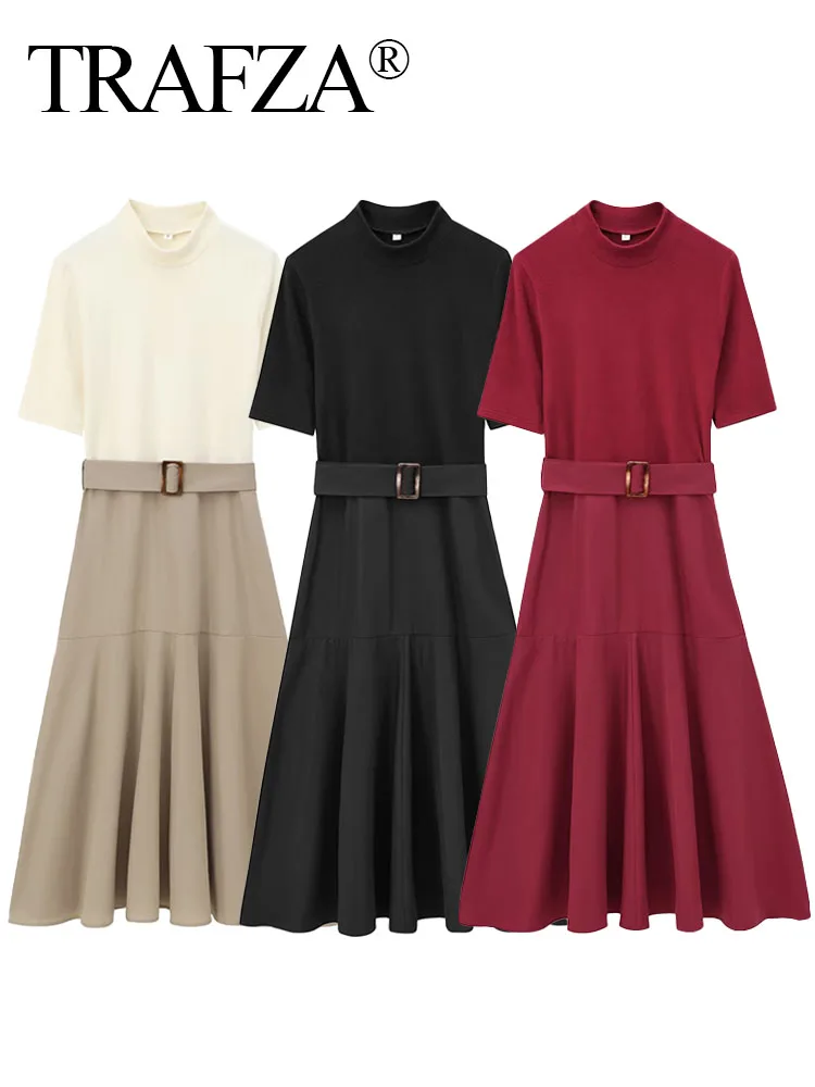 TRAFZA Winter Long Dresses Woman Trendy Solid O-Neck Half Sleeves Belt Decoration Female Casual Slim Long Dresses 3 Color