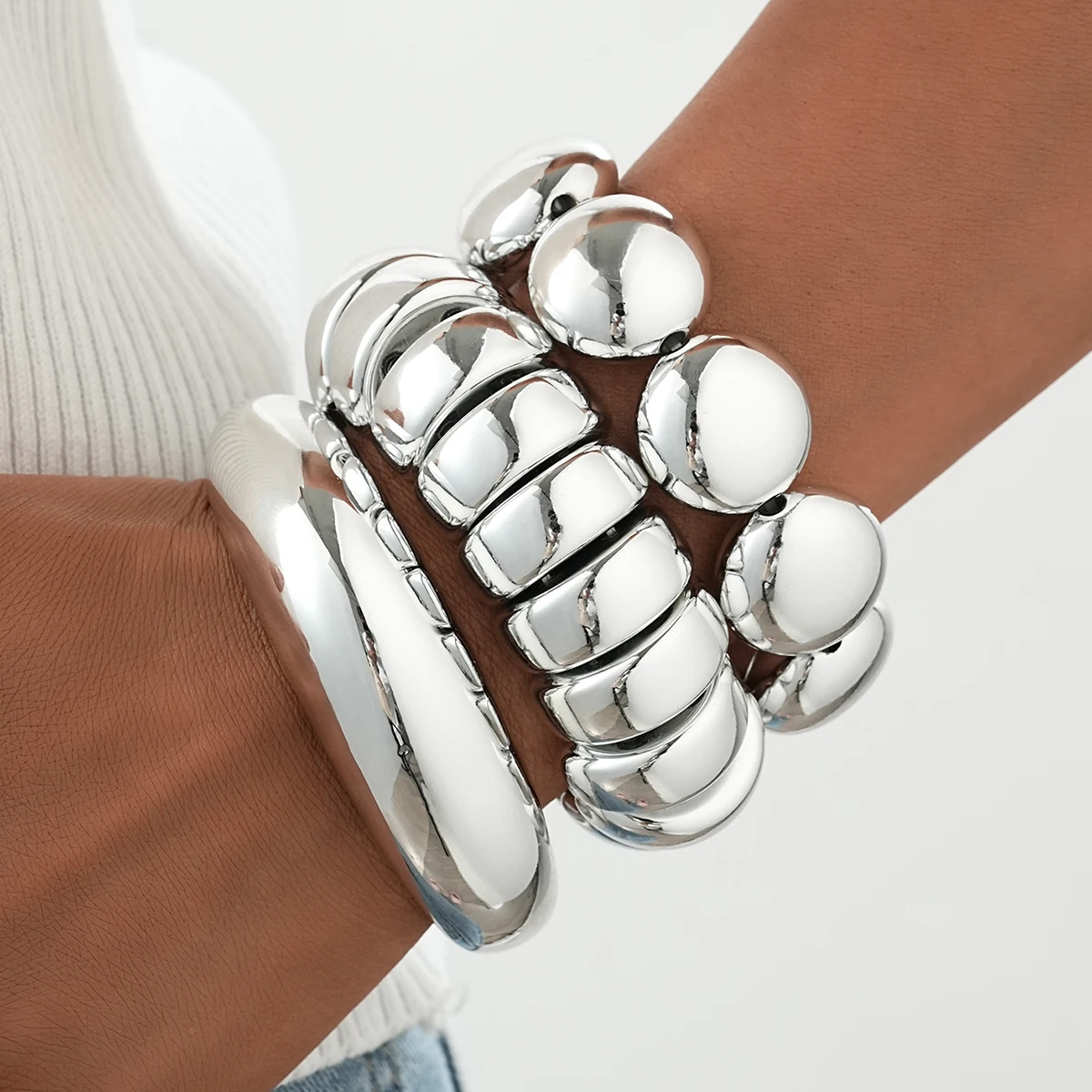 3Pcs Vintage Silver Color CCB Beaded Bracelet Set for Women Chunky Stretch Bangles Geometric Layered Stackable Statement Jewelry