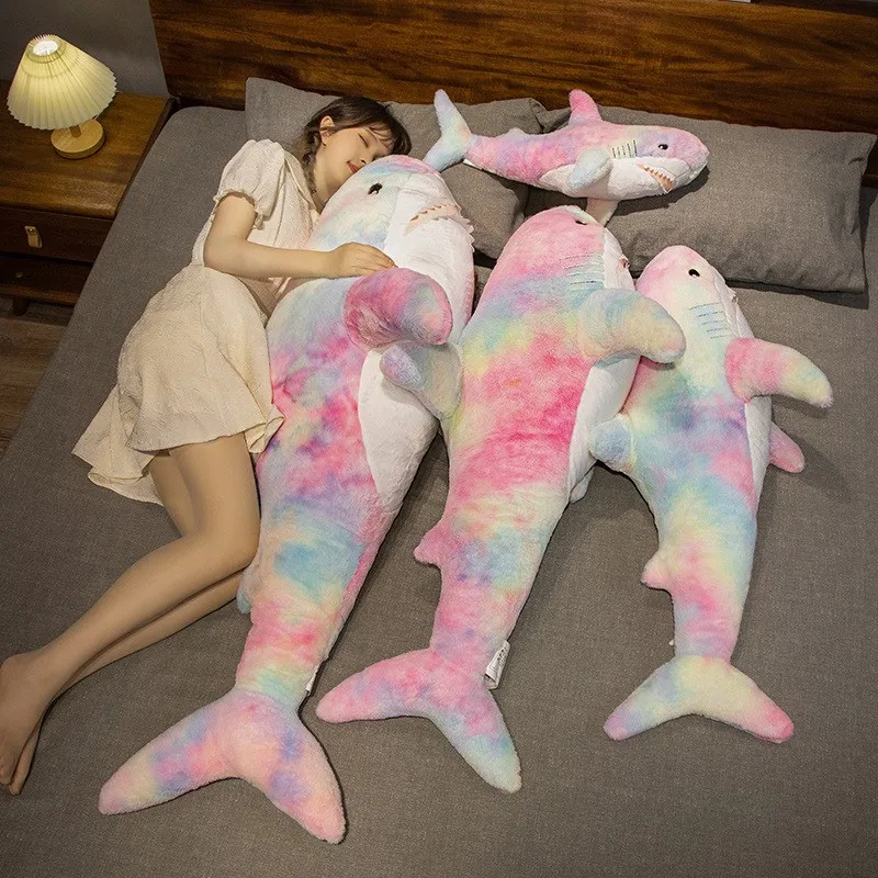 Kawaii Regenboog Kleurrijke Plushie Haai Speelgoed Slapen Kussen Vis Rug Kussen Pop Sustase Baby Speelgoed Voor Kinderen Kerstcadeaus