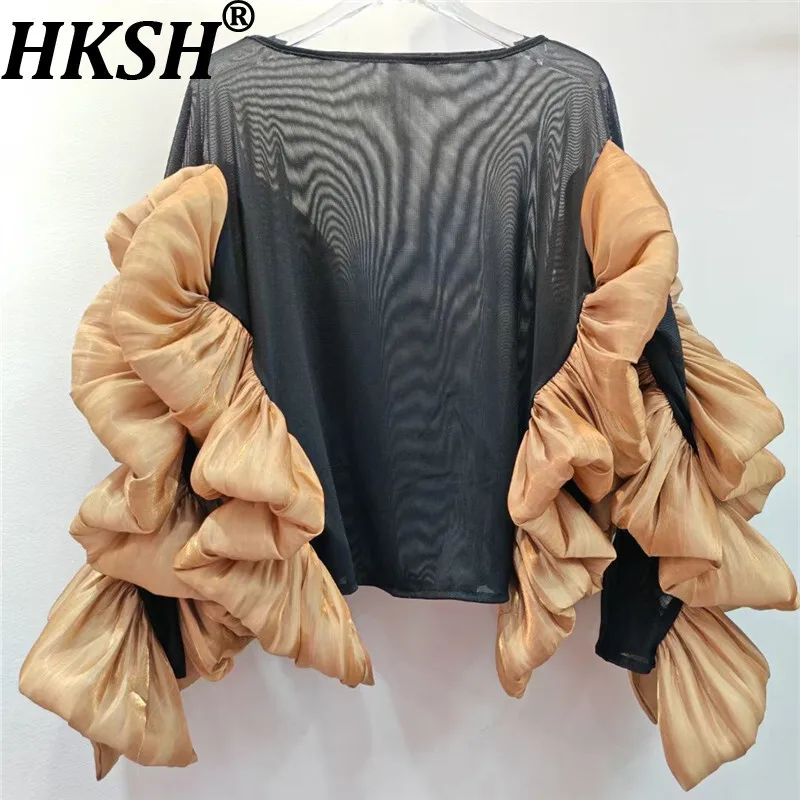 

HKSH Autumn New Women Vintage T-shirt Round Collar Ruffled Long Sleeved Elegant Temperament High Street Stylish Ins Tops HK10388
