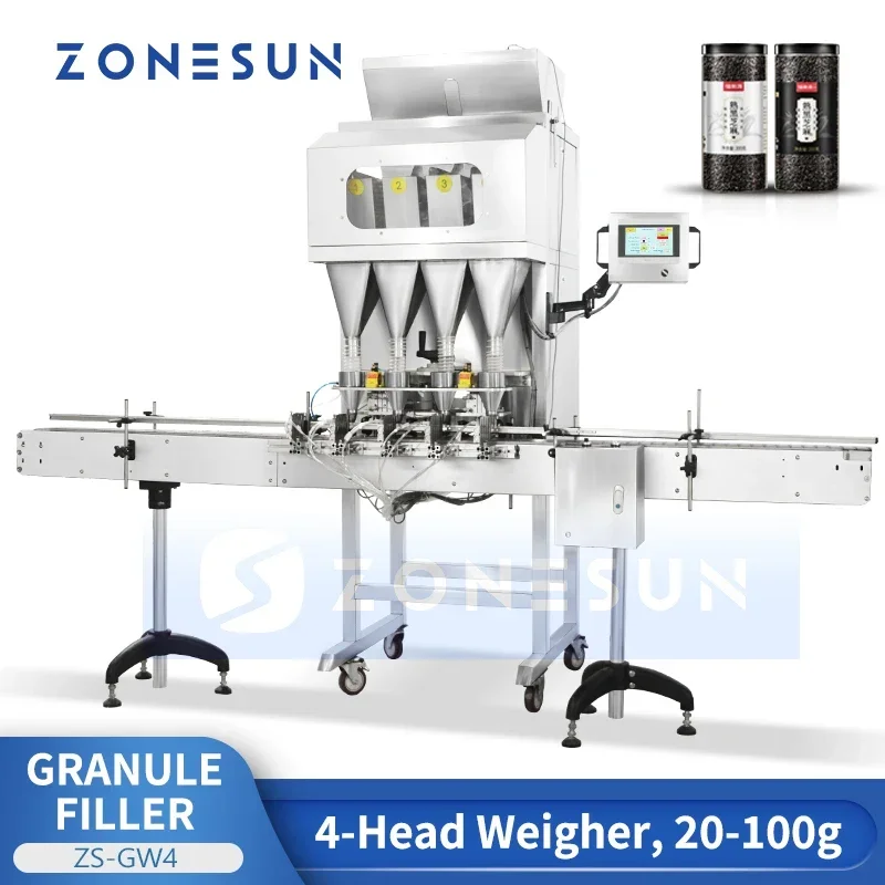 Zonesun pesador automático de enchimento de grânulos, 4 cabeças, nozes, feijão, sementes de grãos, garrafas de partículas, máquina de enchimento de pesagem ZS-GW4