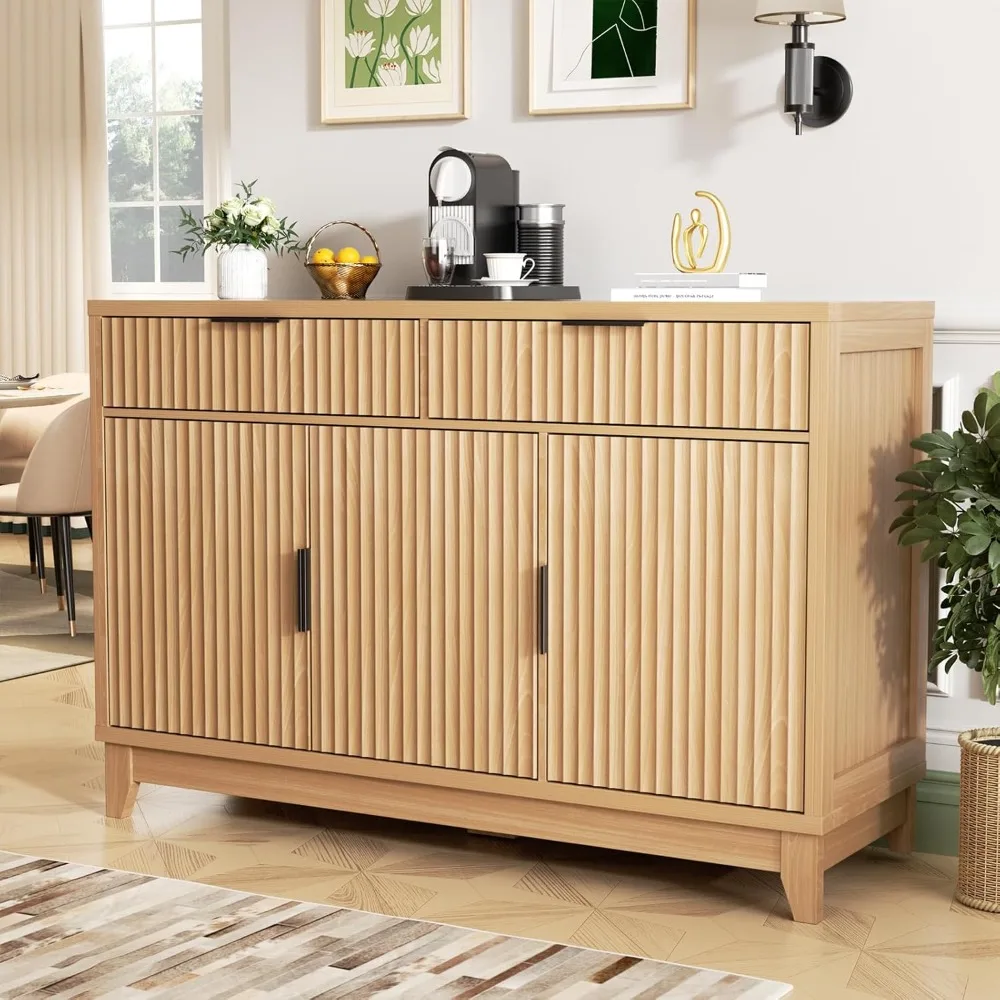 

Modern Sideboard Buffet Cabinet with Storage, Long Credenza Storage Cabinet with Drawer, Fluted Doors & Adjustable Shelf