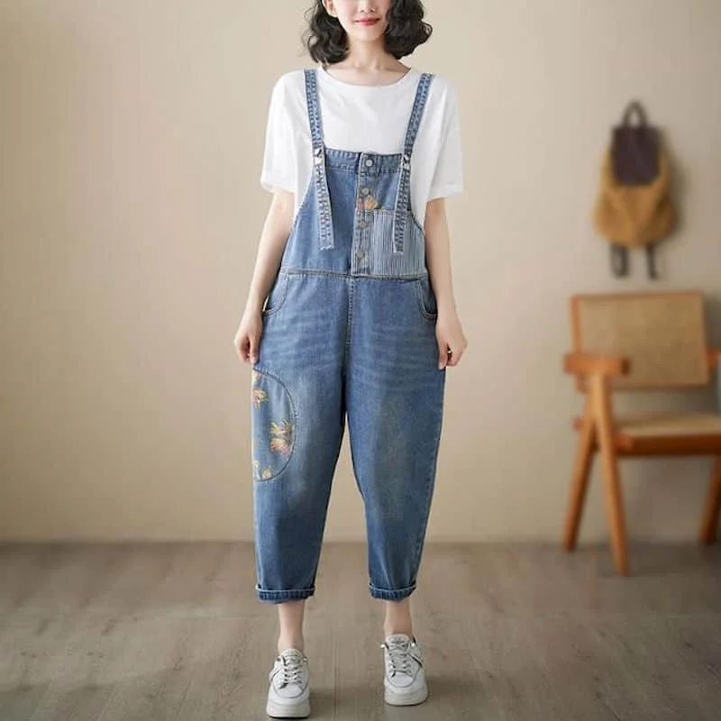 Denim Jumpsuits Loose Casual Age Reduction Jeans Korean Fashion Vintage Light Blue Rompers One Piece Outfits Women Clothing