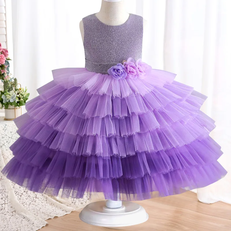 

4-12 Year Old Bow Gradual Cake Dress Banquet Host Walk Show Performance Dress Girls' Sequin Flower Princess Dress