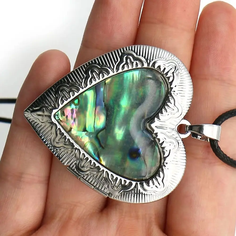 

Big Size Heart Shape Natural Shell Pendant Necklace Silver Frame with Pattern Design Openable Charms Rope Chain Jewelry 1pc/pack