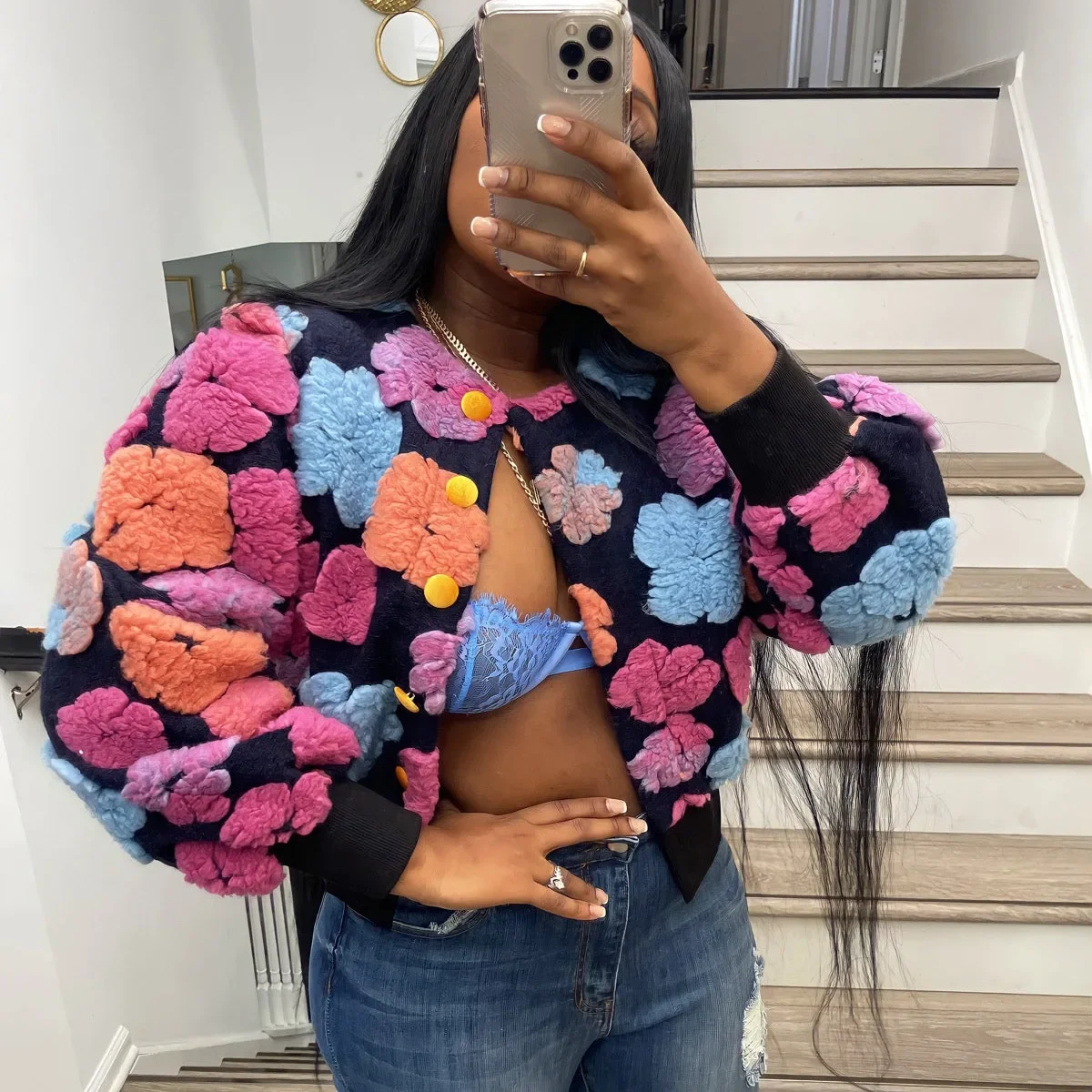 Streetwear Winter Warm Thick 3D Flowers Patchwork Jacket Women Puff Long Sleeve Single-breasted Baseball Coats Vintage Outwear
