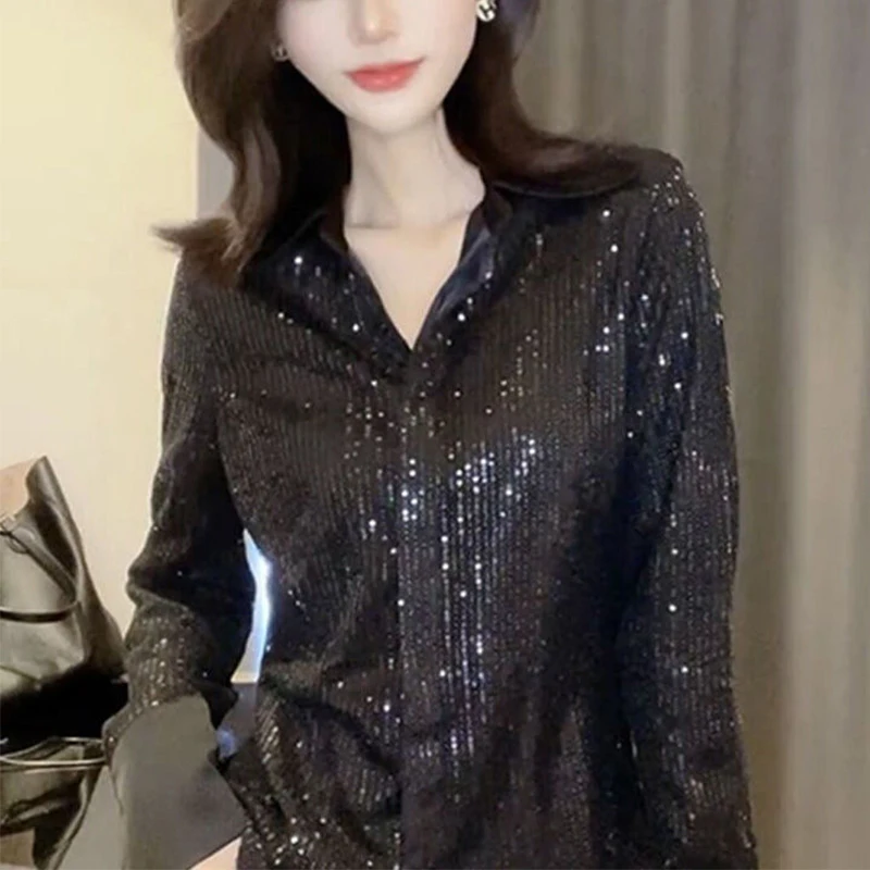 Spring Autumn Polo-neck Elegant Fashion Sequins Blouse Female Long Sleeve Casual Cardigan Shirt Women Temperament Buttons Top