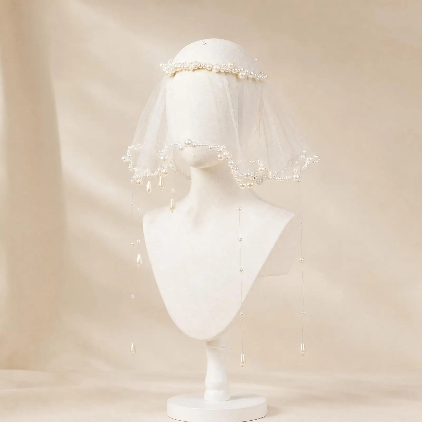 Pearl Trimmed Wedding Headpiece Birdcage Facial Net Veil for Bride Engagement Shoot Ivory Hair Accessory Vintage Charm