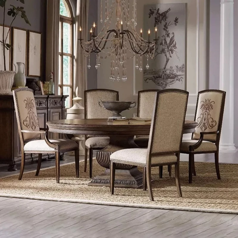 French American solid wood household round small apartment dining table villa luxury solid wood retro dining table