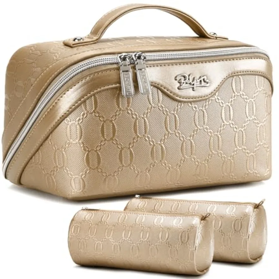 Bolsa de Maquillaje de Viaje para Mujer: Bolsa Organizadora de Cosméticos con Compartimentos - Juego de 3 Bolsas de Maquillaje de Cuero