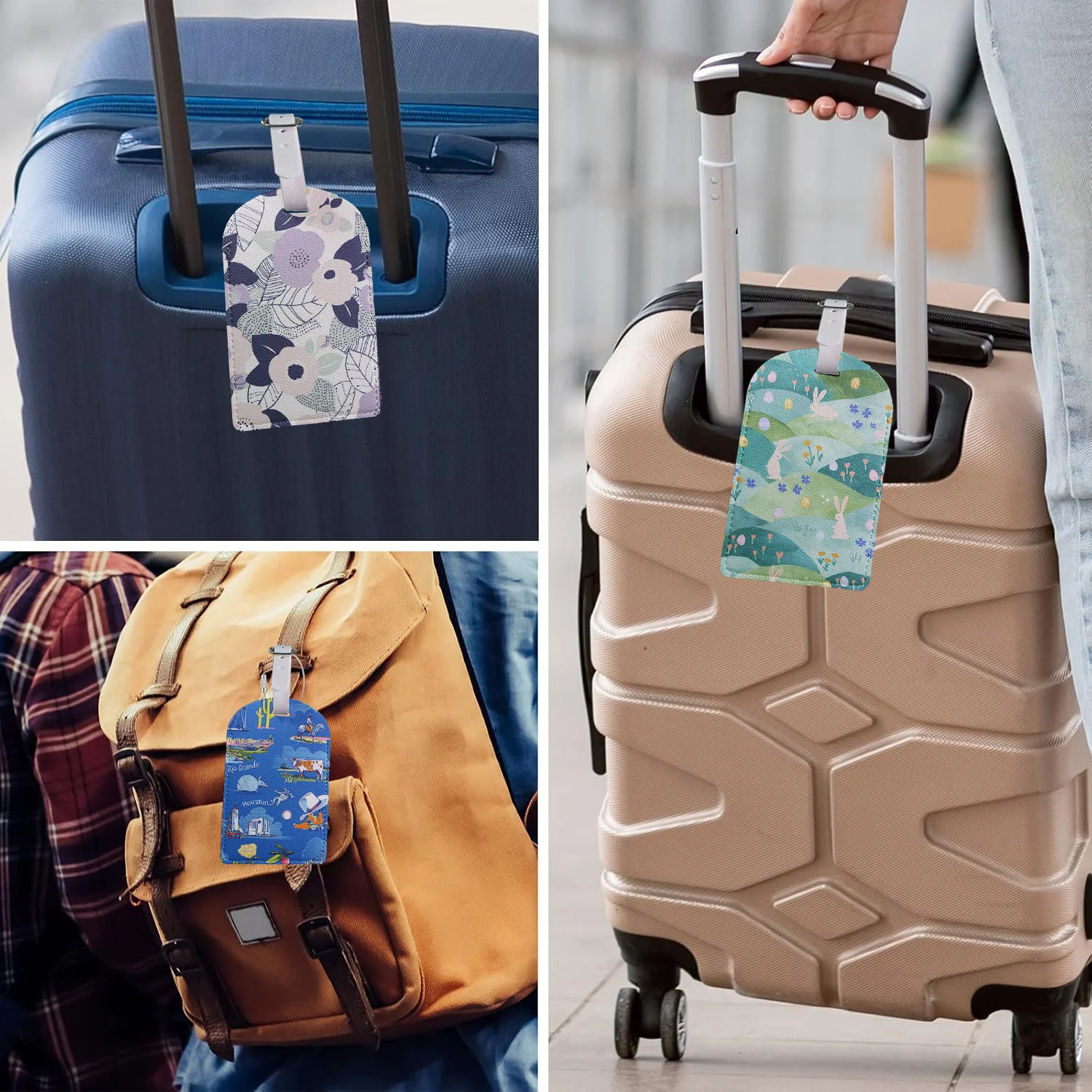 PU Leather Travel Luggage Tags with Privacy Cover for Suitcase Handbags Backpacks Men Women Flowers Unique Baggage Tags