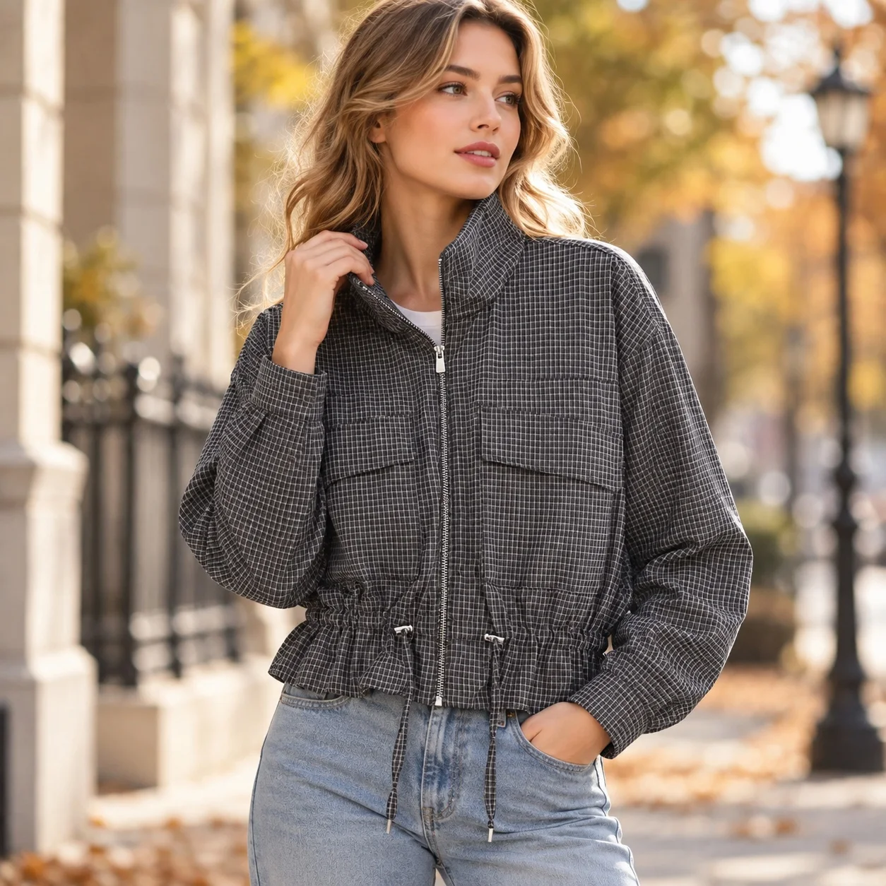 Plaid Stand Collar Coat Regular Fit Casual Women Autumn Jacket with Zipper Closure Wrinkle Finish Long Sleeve Regular Length