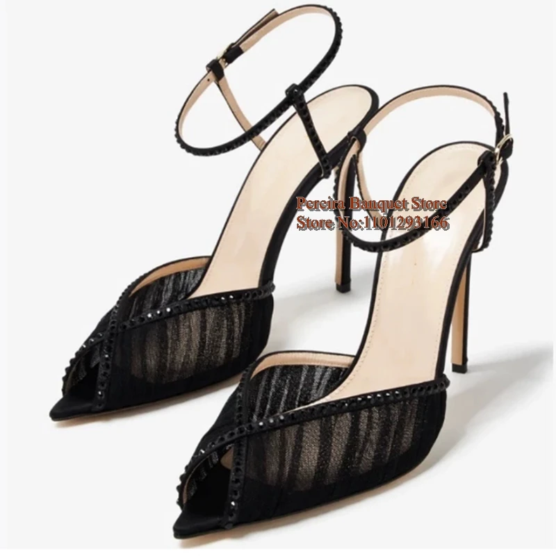 

Elegant Black Mesh Pleated Pointed Toe Shoes Ankle Strap Crystal Edge V Style Thin Heels Female Evening Club Shoes