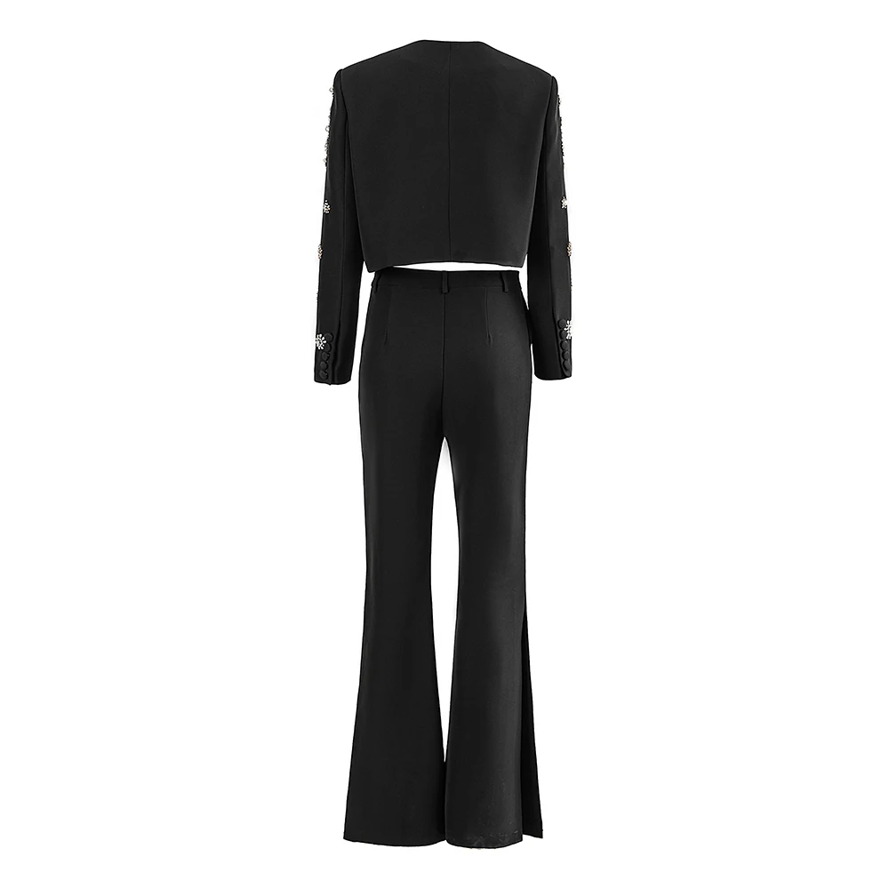 Luxurious Design Sparkle Rhinestones Women Street Black 2PCS Pants Suits Open Short Jacket Wide-leg Trousers Quality Twin Sets