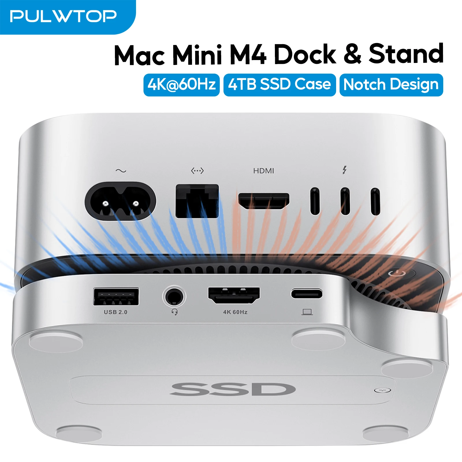 PULWTOP Mac Mini M4 Hub with M.2 SSD Enclosure, HDMI 4K 60Hz, USB C Hub Accesorios for Mac Mini M6, M5 Pro, M4/ M4 Pro