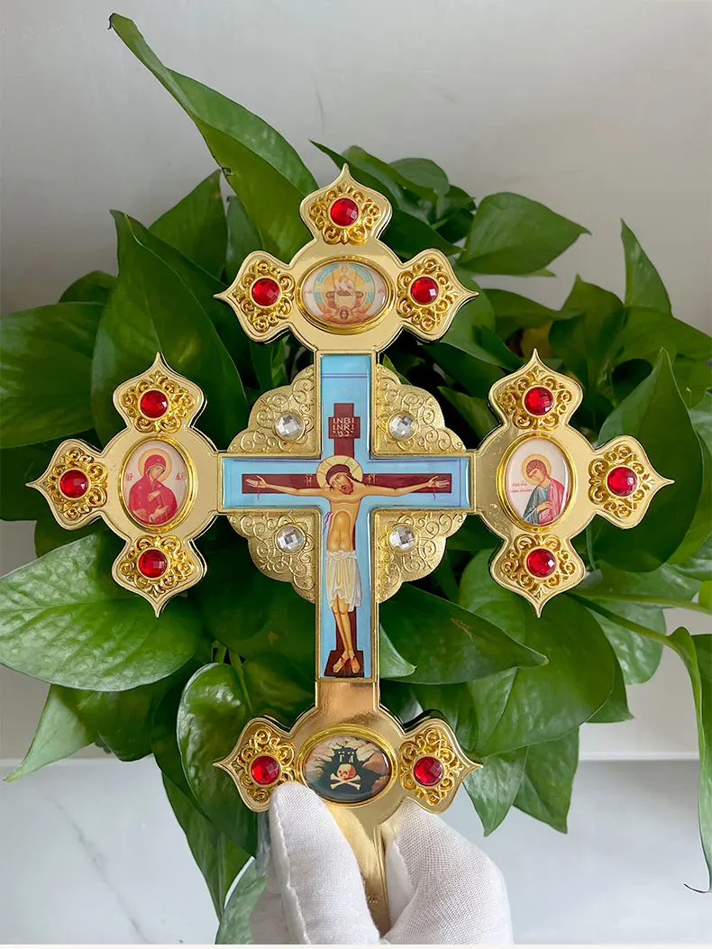 HTISOK Orthodoxes Kreuz Kirchen-Gebetskreuz Bischofs-Handkreuz Kirchenbedarf Vergoldetes Jesus-Kruzifix – Detail 3