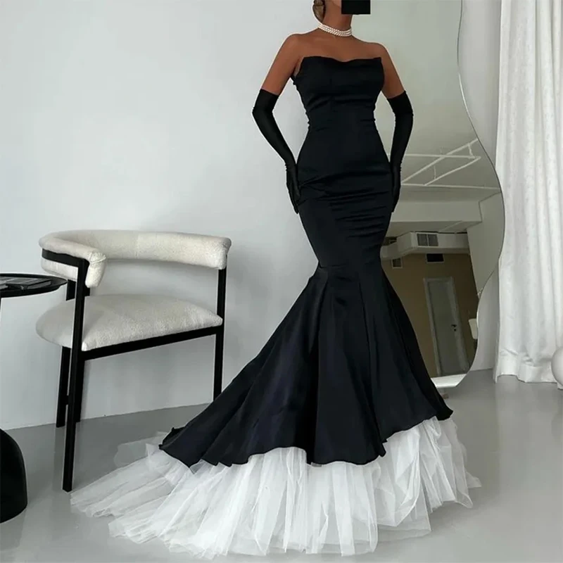 Elegant Black Strapless Formal Evening Dresses Mermaid White Tulle Birthday Party Prom Gowns Customized Excluding Gloves