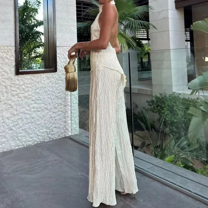 

High Street Halter Backless Blouse&Wide Leg Pants Set Summer Elegant Two Piece Party Club Suit 2025 Chic Folds Female Outfit