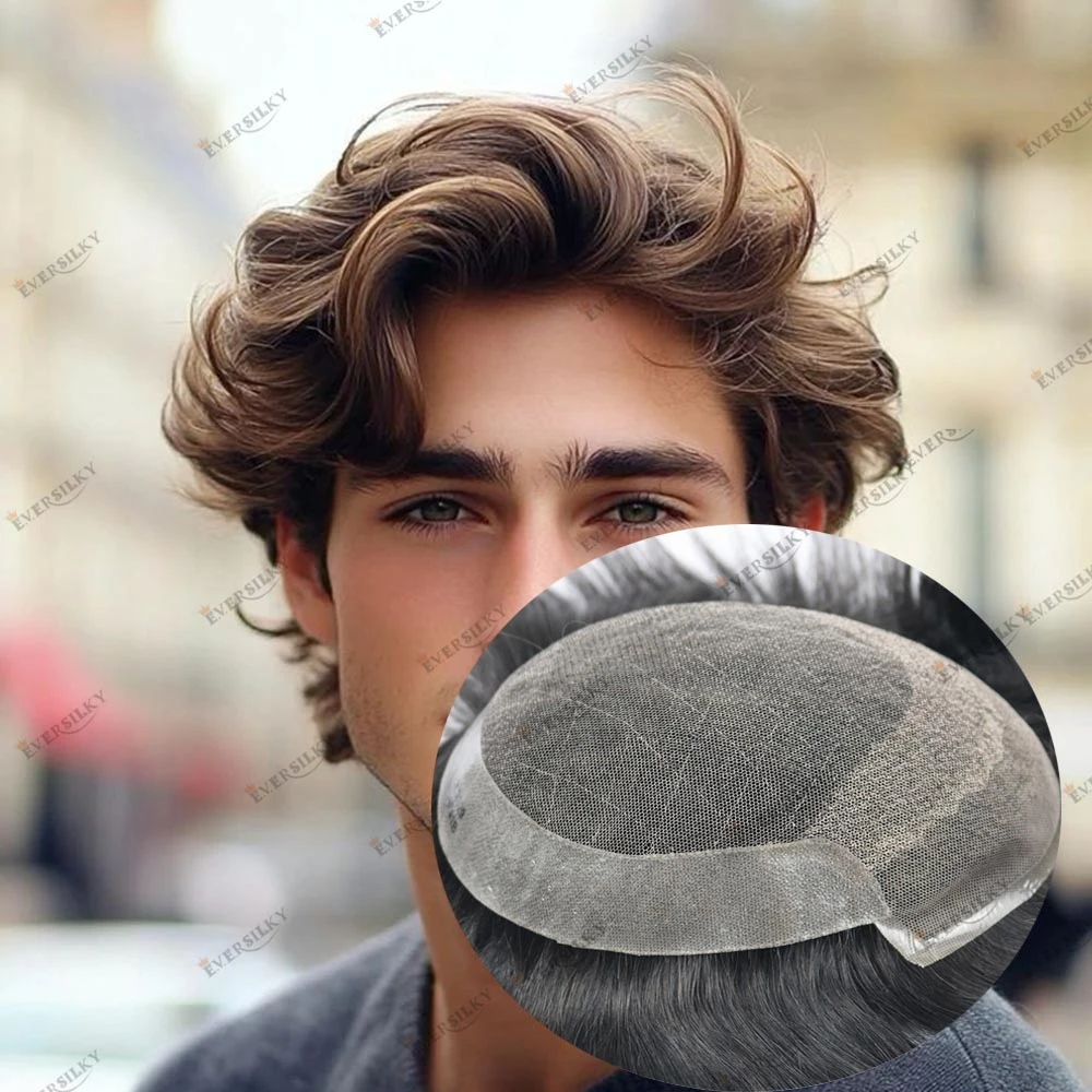 غير قابل للاكتشاف HD السويسري الدانتيل شعر الإنسان الرجال الشعر المستعار OCT الدانتيل وPU تنفس الراحة نظام استبدال الشعر # 4 350 #   شعر مستعار بني رمادي