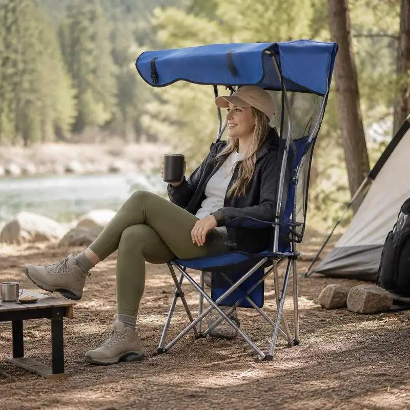 Chaise de camping, chaise de pêche pliable avec auvent et poche pour magazine, cadre renforcé, double porte-gobelets pour jardin, terrasse, pique-nique, utilisation en extérieur, bleu marine