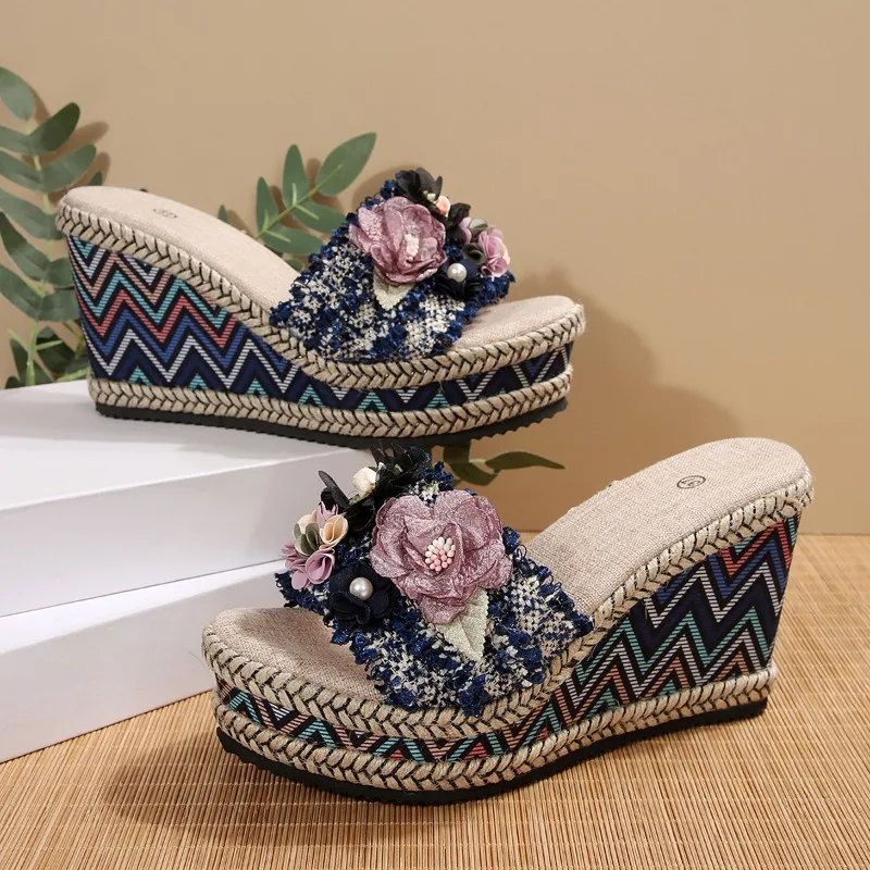 

Women's Wedge Heel Slippers Flower Waterproof Platform Round Toe Shoes Women Leisure Beach Bohemia Weaving Zapatillas De Mujer