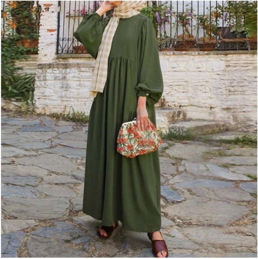 2025Women's Eid Muslim Dress Abaya Lantern Sleeve Long Dress Arab Dubai Jalabiya Vestidos Loose Casual Summer Ankle Length Dress