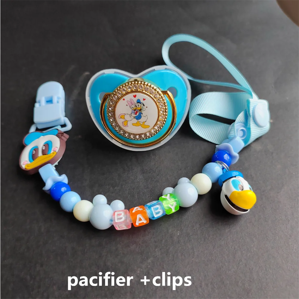 2022 Disney Baby Pacifier Animal Print Donald Duck Bling Pacifier with Beaded Chain Clip Baby Birthday Shower Gift Fake Pacifier