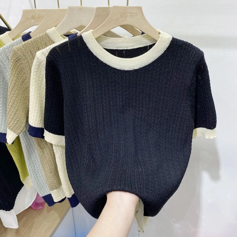 

Ice Silk Hollow Out Thin Loose Casual Tops Summer New O-neck Contrast Patchwork Vintage T Shirts Fashion Harajuku Women Clothing