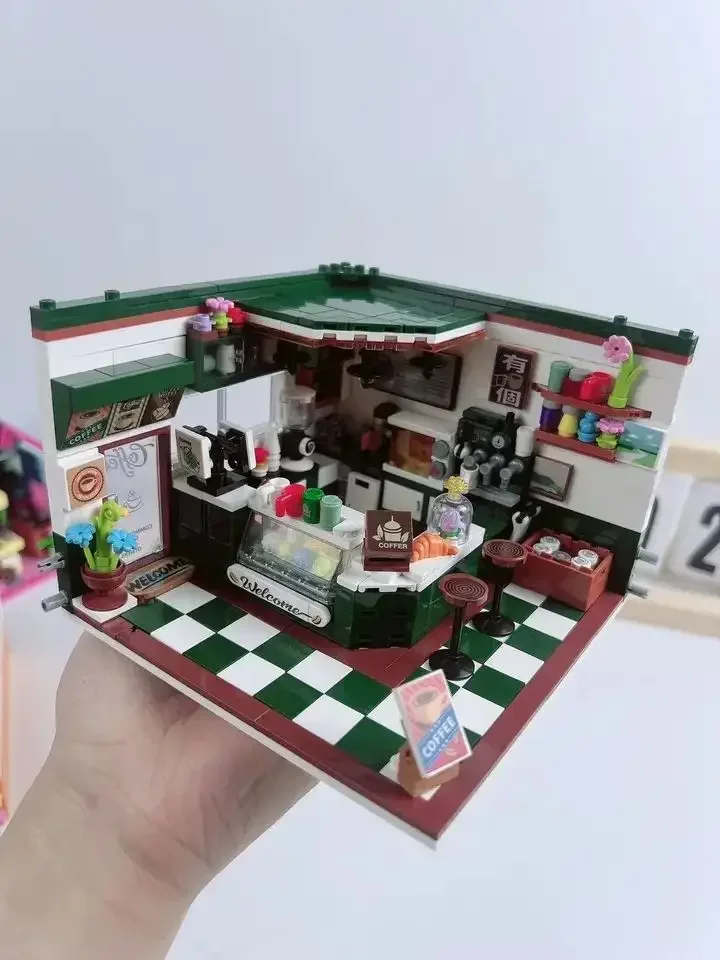 Mini City Street View Coffee Shop Bar Hair Salon Blocks Bricks Creative 3D Puzzle Room Model Toys Friends Children Birthday Gift