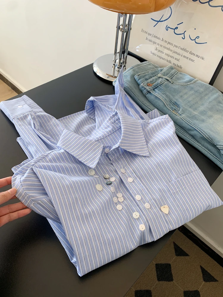 

Unique Design Early Spring Women's Shirt Artistic Striped Loose Fit Fashionable Button up Korean Style Cotton Polyester Blend