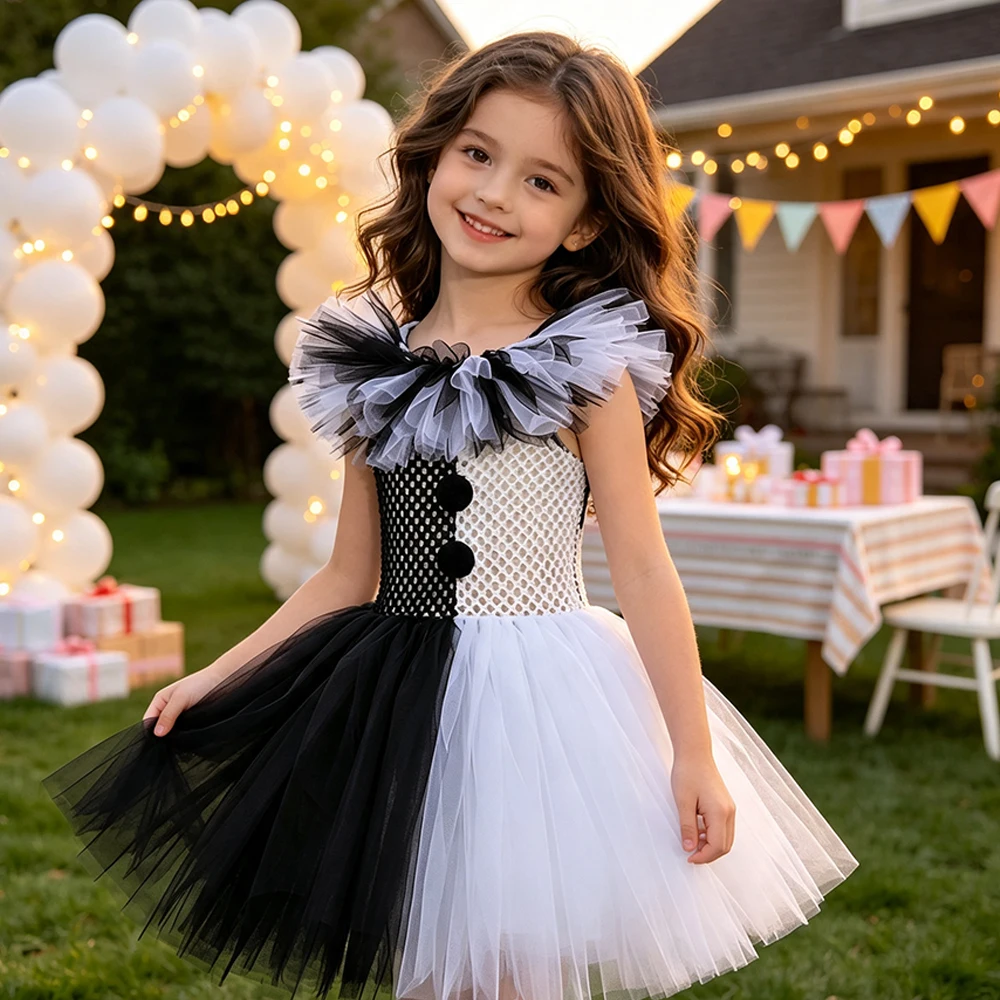 Mädchen Halloween Clown Kostüm Kleid Kinder Schwarz Weiß Gruseliger Clown Kleid mit Hut Socken Handschuhen Set Karneval Cosplay Party Outfit – Detail 15
