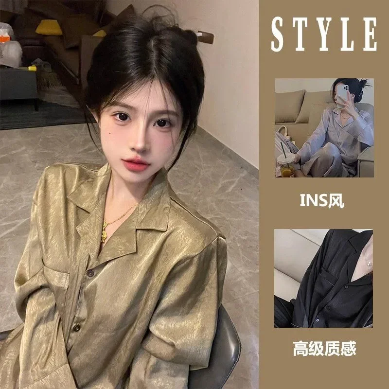 

Sleepwear High-grade Fashion Elegant Women's Pajamas Spring and Fall Ice Silk Thin Section of The Home Clothing Suit Pajama Sets