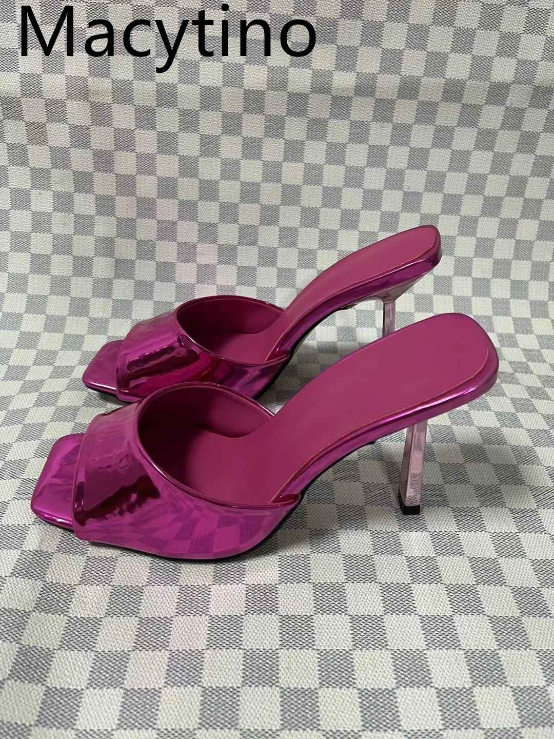 Women's Sandals Patent Leather 2024 Summer Bow Crystal Slippers Party Wedding Shoes Square Toe Stiletto Heel