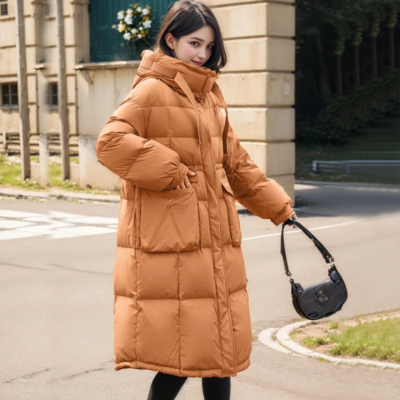 Warm Women\'s Winter Coat 90 White Duck Down Thickened Warm Long Down Coats Large of Warm Raccoon Fur Collar Hooded Waist Thin