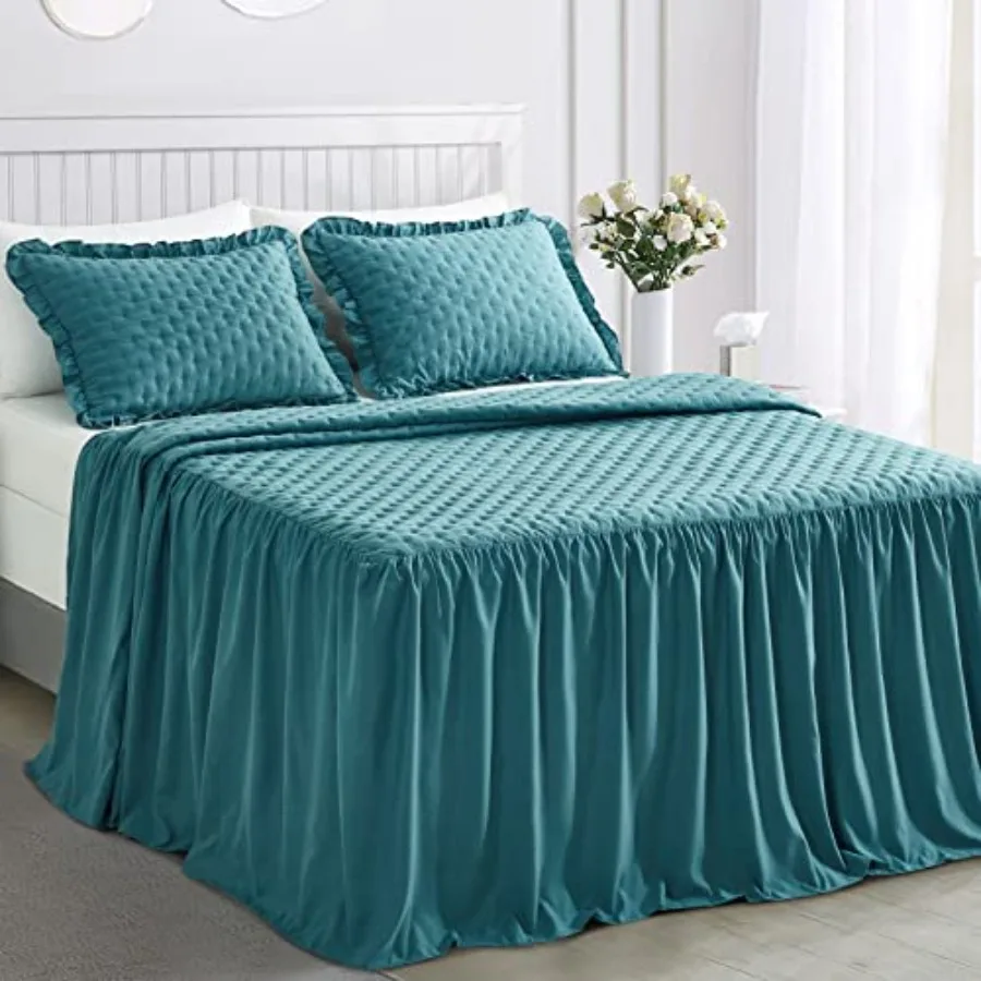 

Ruffle Skirt Bedspread Size - 30" Long Drop Shabby Chic Style Lightweight Bedding Cover 3 Pcs Set Lagoon