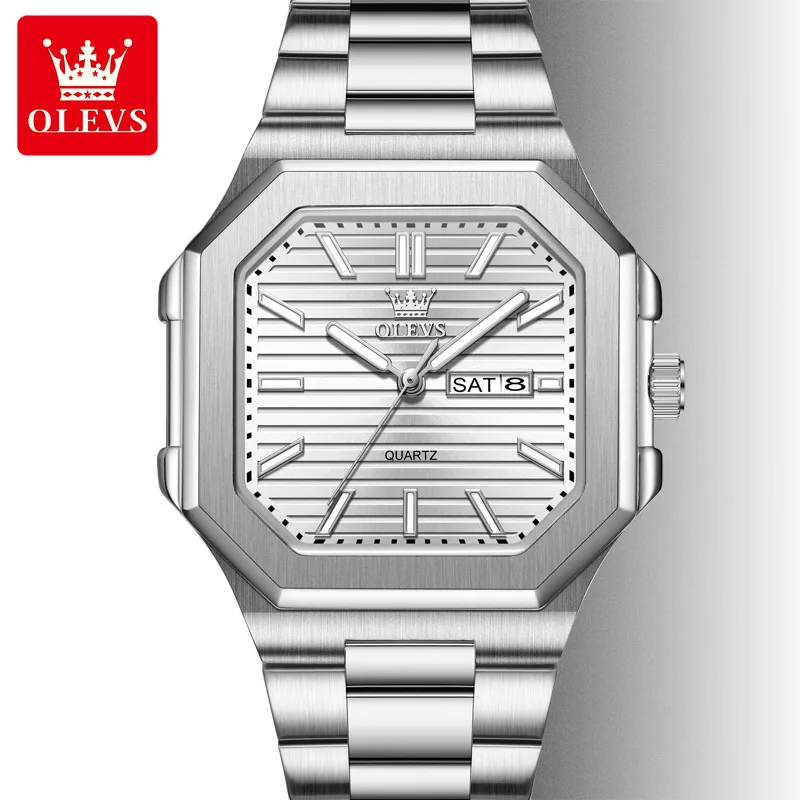 OLEVS 3731 Men's Quartz Watch Square Dial Day Date Luminous Stainless Steel Bracelet 30m Water Resistant Business Watch