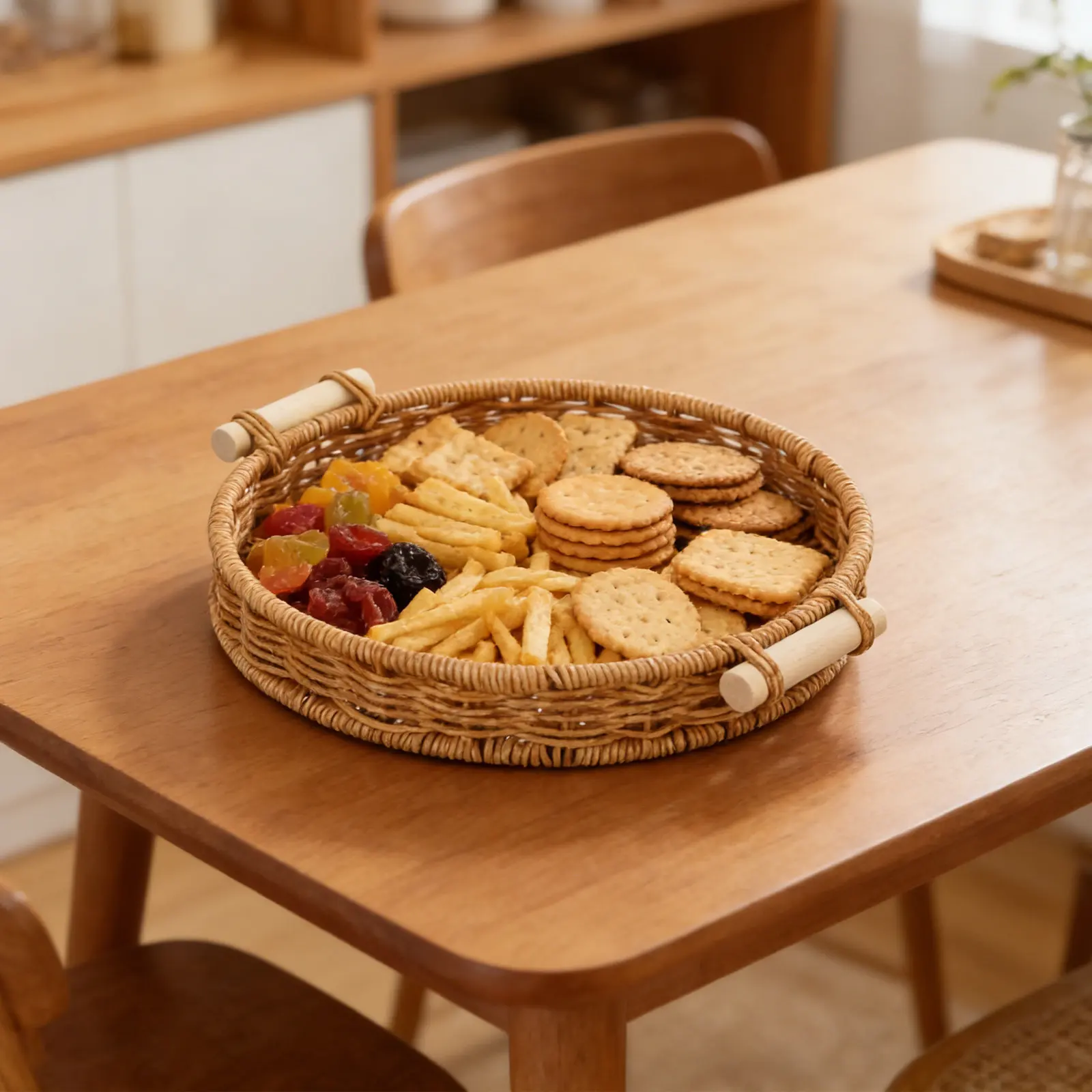 Imitation Rattan Bread Basket Snack Serving Tray Round Woven Storage Tray Handles for Breakfast Drinks Coffee Food 27Cm 10.6inch