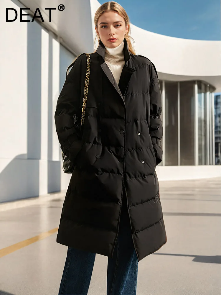 DEAT Fashion Women's 95% Goose Down Coat Belt Notched Double Breasted Patchwork Thick Warm Parka Jackets Winter 2024 New 7AB6709