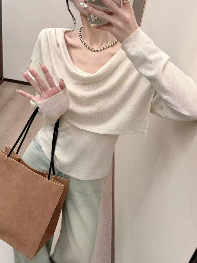 

French Sle Soft Knitted Sweater oulder Bared Long Sve Slim Fit Autumn Top Women's Faion Casual round Neline