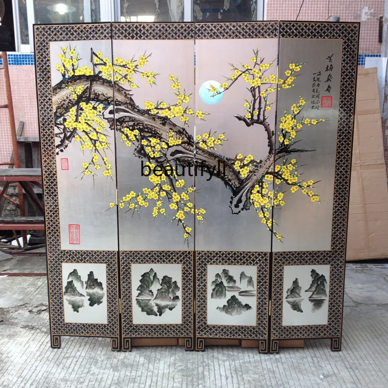 

Four screens hand-painted gold foil hotel furniture live broadcast decorative background wall