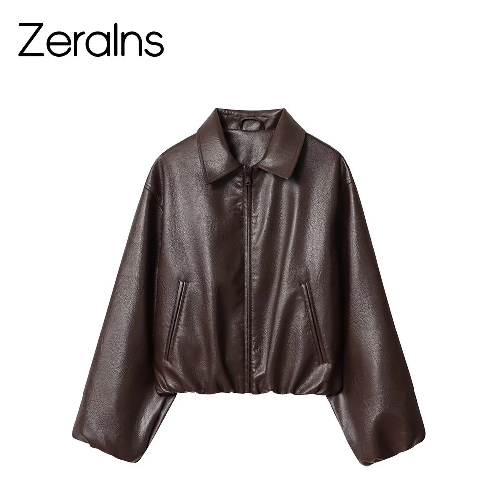 ZERAINS Autunno nuove donne abbigliamento Giacca da pilota in pelle PU allentata a maniche lunghe con risvolto europeo e americano
