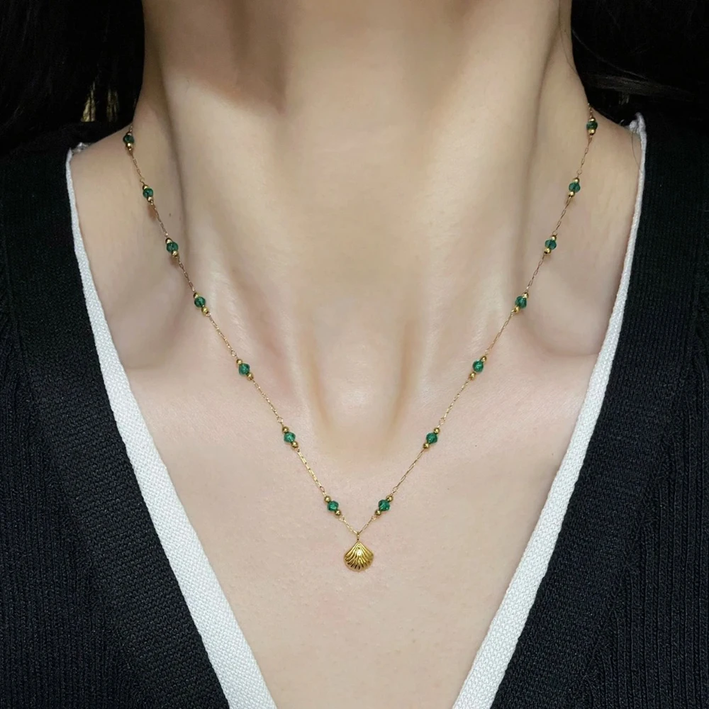 Vintage Grandmother Green Bead Gold Shell Necklace Foot Chain