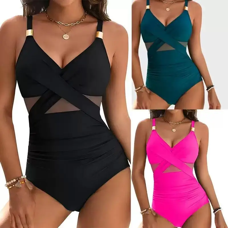 2026 New Sexy Mesh Plus Size Swimwear Women One Piece Swimsuit Female Patchwork Bathing Suit Beachwear Swimming Suit Bathers XXL